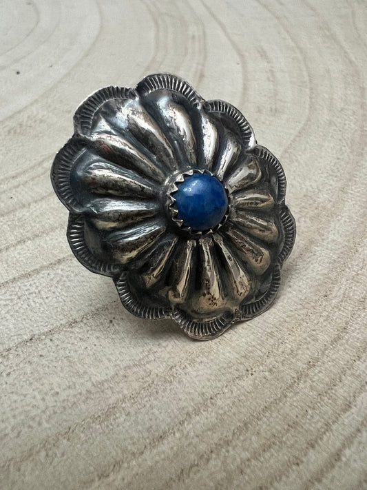 Joanee Silver Navajo Lapis Concho Adjustable Ring — Sterling Silver
