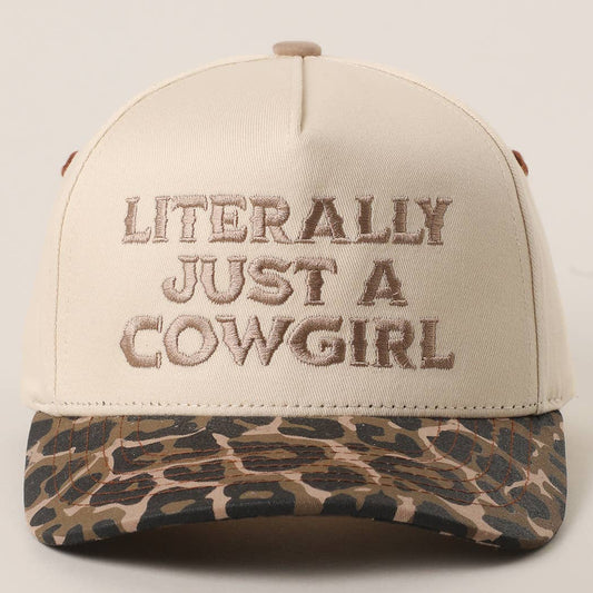 "Literally Just a Cowgirl" Leopard Brim Trucker Hat — Cream Front with Bold Embroidery (Multiple Thread Colors)