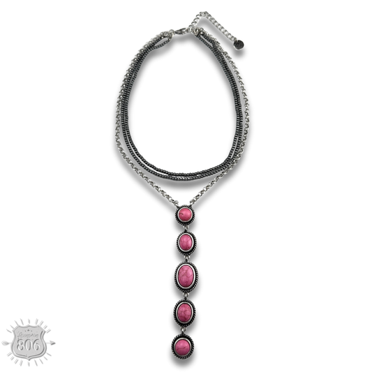 Burnished bead and stone drop Y necklace