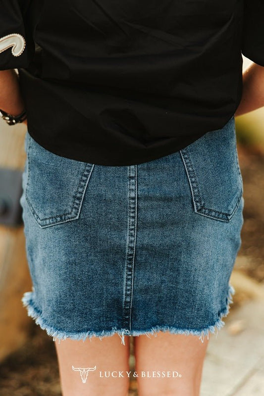 LUCKY & BLESSED "Nashville" High-Rise Raw Hem Western Denim Mini Skirt — Vintage Mineral Wash with Concho Belt-Ready Loops