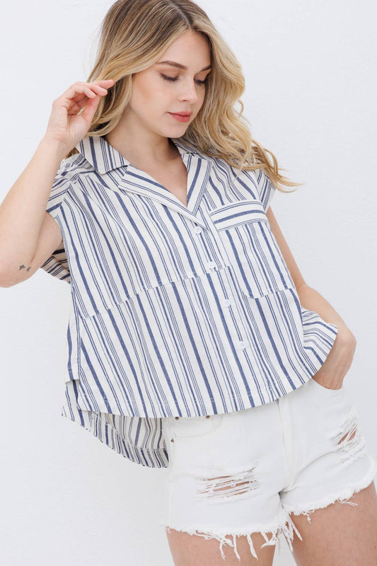 Blue B Navy Stripe Western Button-Up Shirt — Cotton Yarn-Dyed Soft Cowgirl Staple