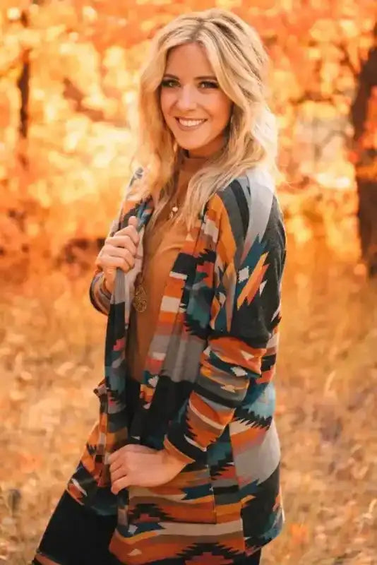 Orange Western Aztec Knit Cardigan