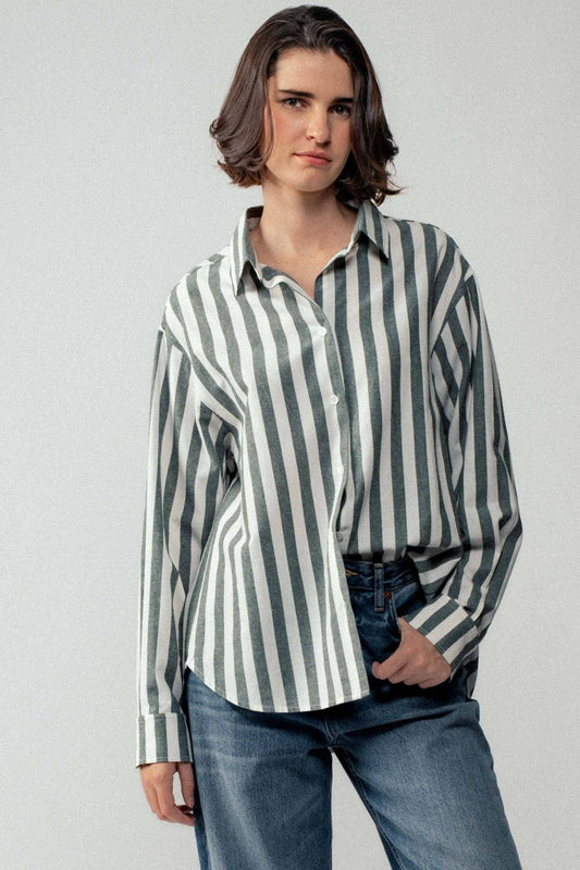 Urban Daizy "Outlaw" Western Striped Button-Down Collared Shirt — Brown & Olive 100% Cotton Oversized Fit