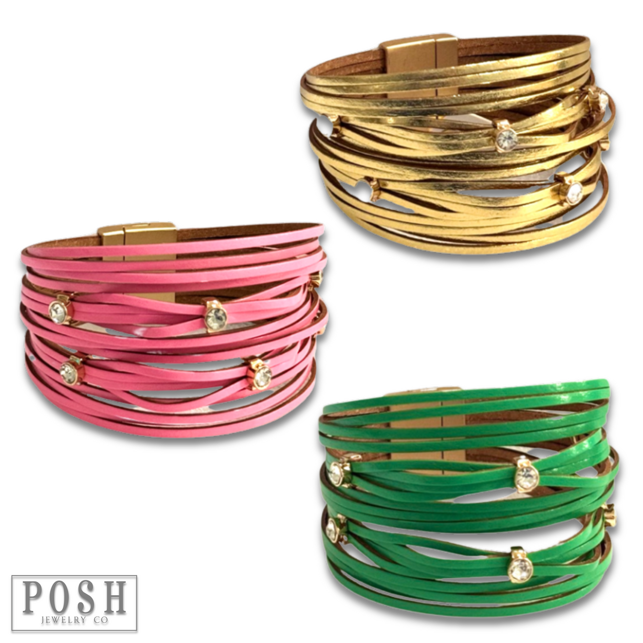 Leather and rhinestone magnetic bracelet - LC