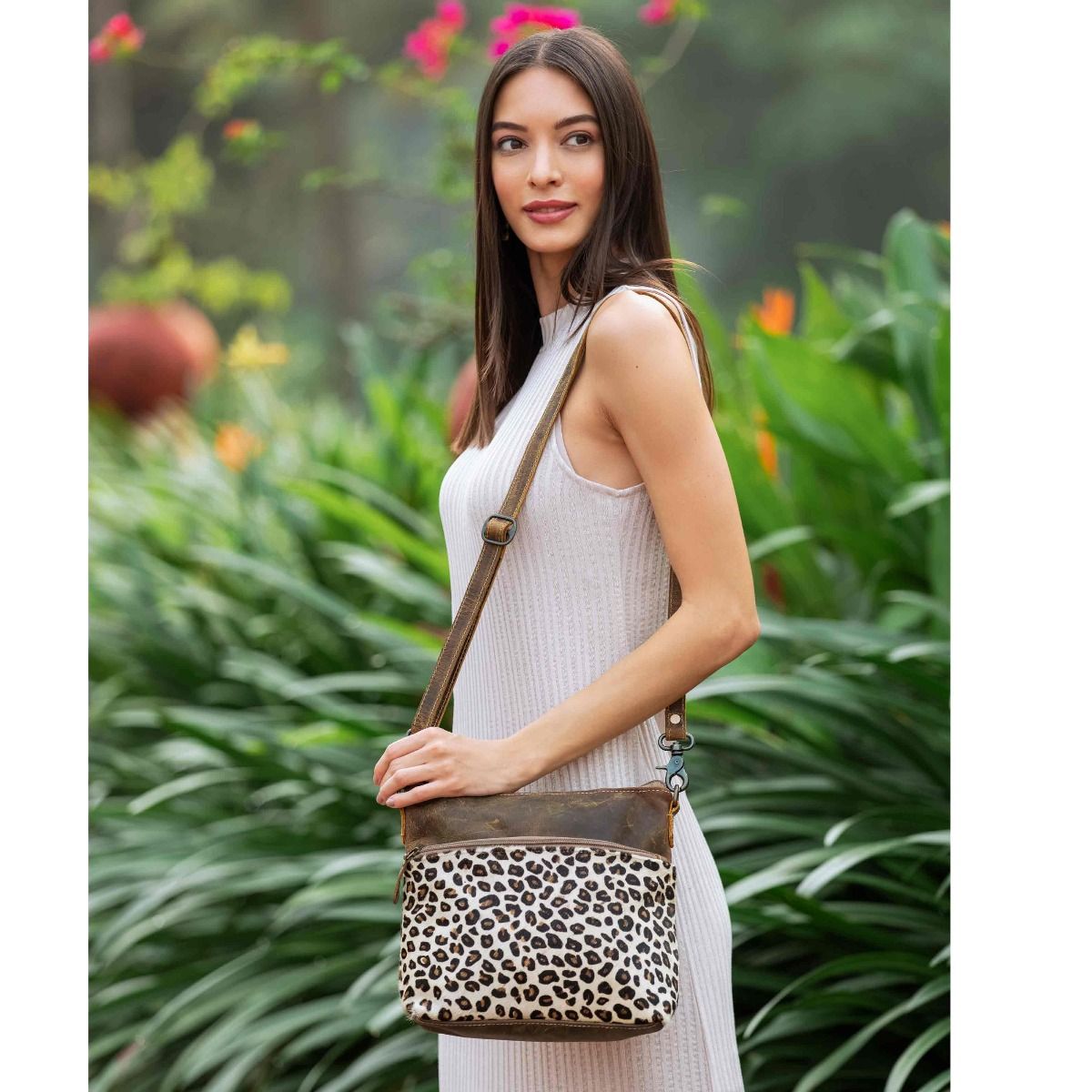 Myra Feline Hairon Leather Crossbody Bag – Suede Finish, Leopard Print Front, Adjustable Strap for Everyday Chic