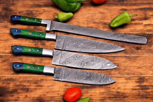 Handmade Damascus Kitchen Knives Set with Leather Roll