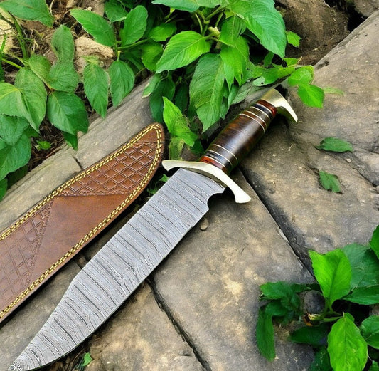 Custom Handmade Bowie Knife - 15" Damascus Steel Blade, Rosewood Handle