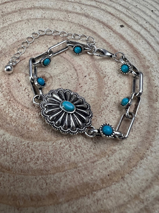 Western Faux Turquoise Concho Chain Bracelet — with 3-Inch Extender