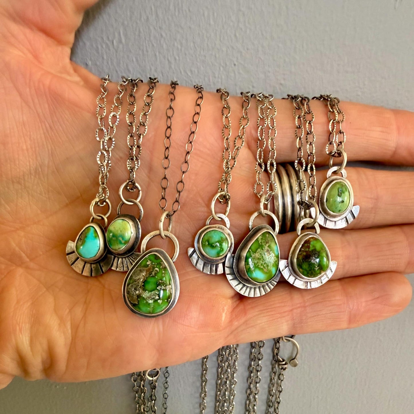 Sonoran Gold Turquoise Necklace in Sterling Silver | Green Teardrop Pendant