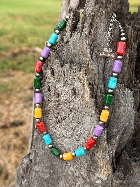 Sterling Silver Painted Desert Multicolor Barrel Beaded Necklace