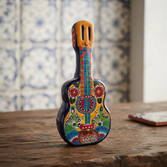 Talavera Guitar Statue | Hand-Painted Mexican Folk Art Decor