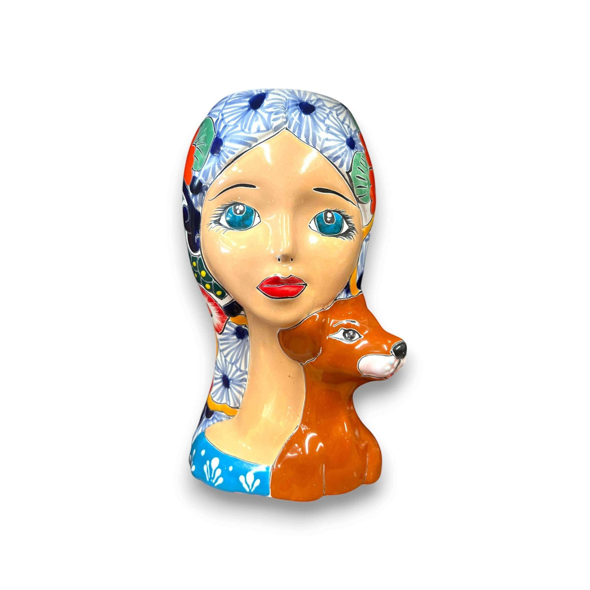 Talavera Lady Skull Planter | Colorful Day of the Dead Pot with Dog