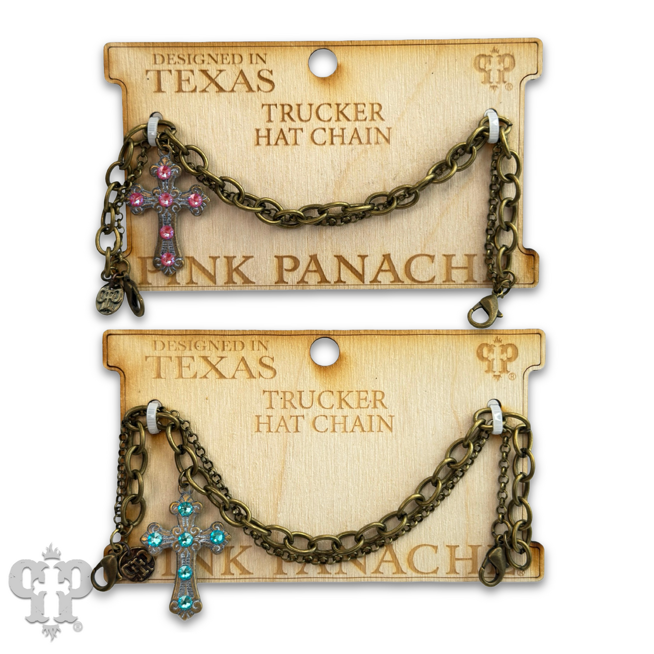 Bronze trucker hat chain with Austrian crystal cross charm