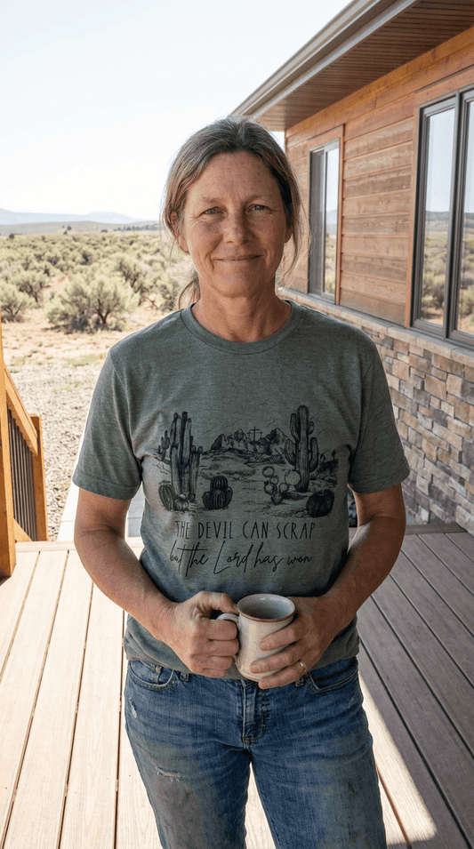 "The Devil Can Scrap" Western Christian Desert Graphic Tee — Vintage Cotton-Poly Blend Faith Statement