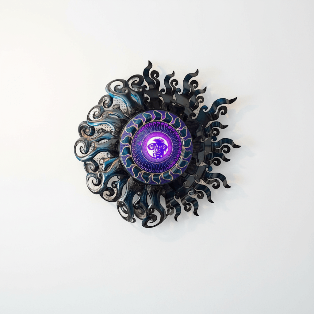 Giant Sun Wall Art with Light Fixture | Handmade Mexican Metalwork