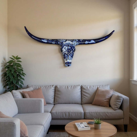 Talavera Longhorn Skull | Blue & White Mexican Wall Art