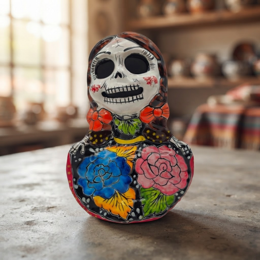 Vibrant Talavera Skeleton Woman Statue | Day of the Dead Decor