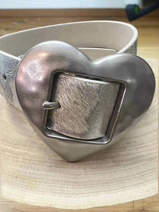 Vintage Heart Buckle Western Belt — Genuine Cow Hair Leather