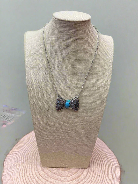 Western Bowtie & Faux Turquoise Necklace — 18 Inch with Extender