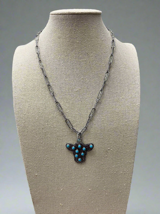 Western Cow Head Pendant Necklace with Faux Turquoise — 18 Inch