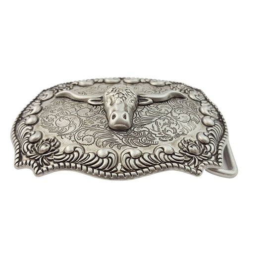 Western Long Horn Belt Buckle — Dark Antique Nickel with Rope Edge Border