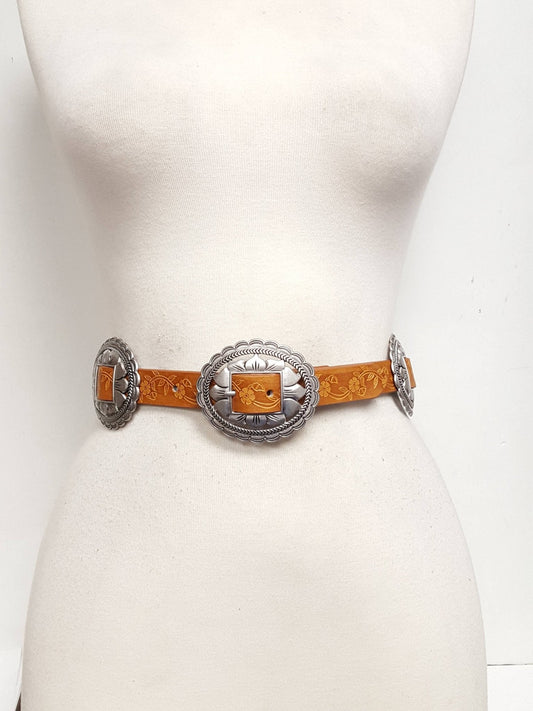 Western Oval Floral Concho Belt — Hand-Painted Tooled with 4 Conchos