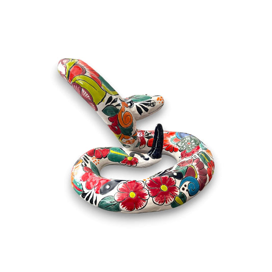 White Talavera Snake Statue | Hand-Painted Mexican Decor