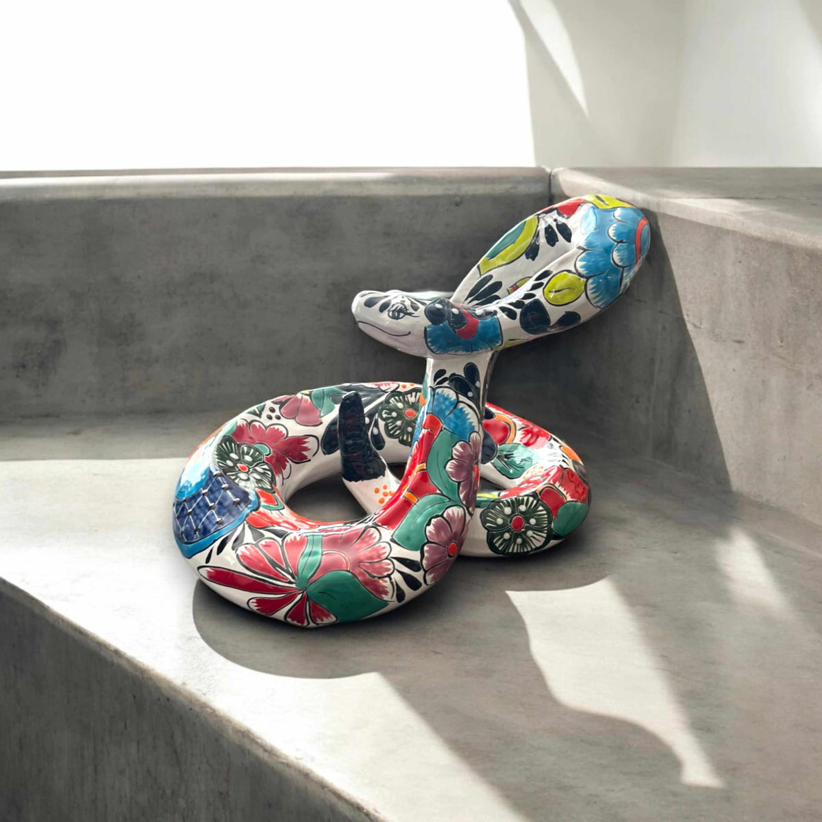 White Talavera Snake Statue | Hand-Painted Mexican Decor