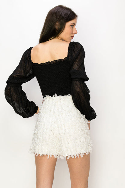 Square Neck Puff Long Sleeve Smocking Detail Blouse