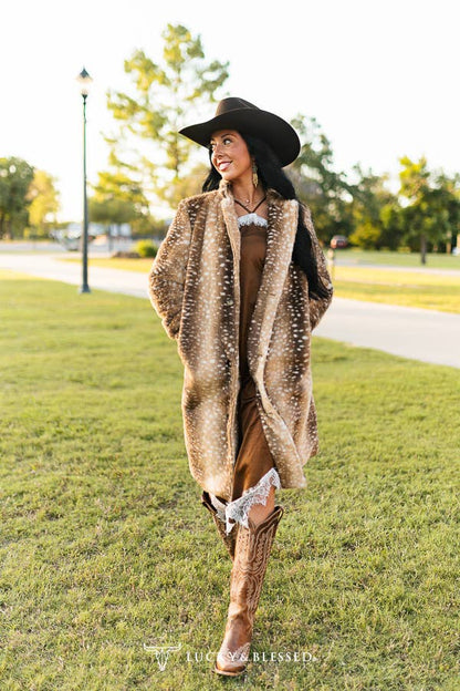 Brown Deer Faux Fur Western Longline Coat