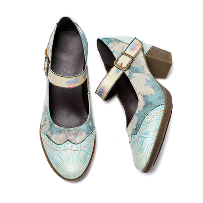 Lady's Heels Handmade Shoes Wedding Party Elegant Vintage Leather Buckle Light Blue Pumps