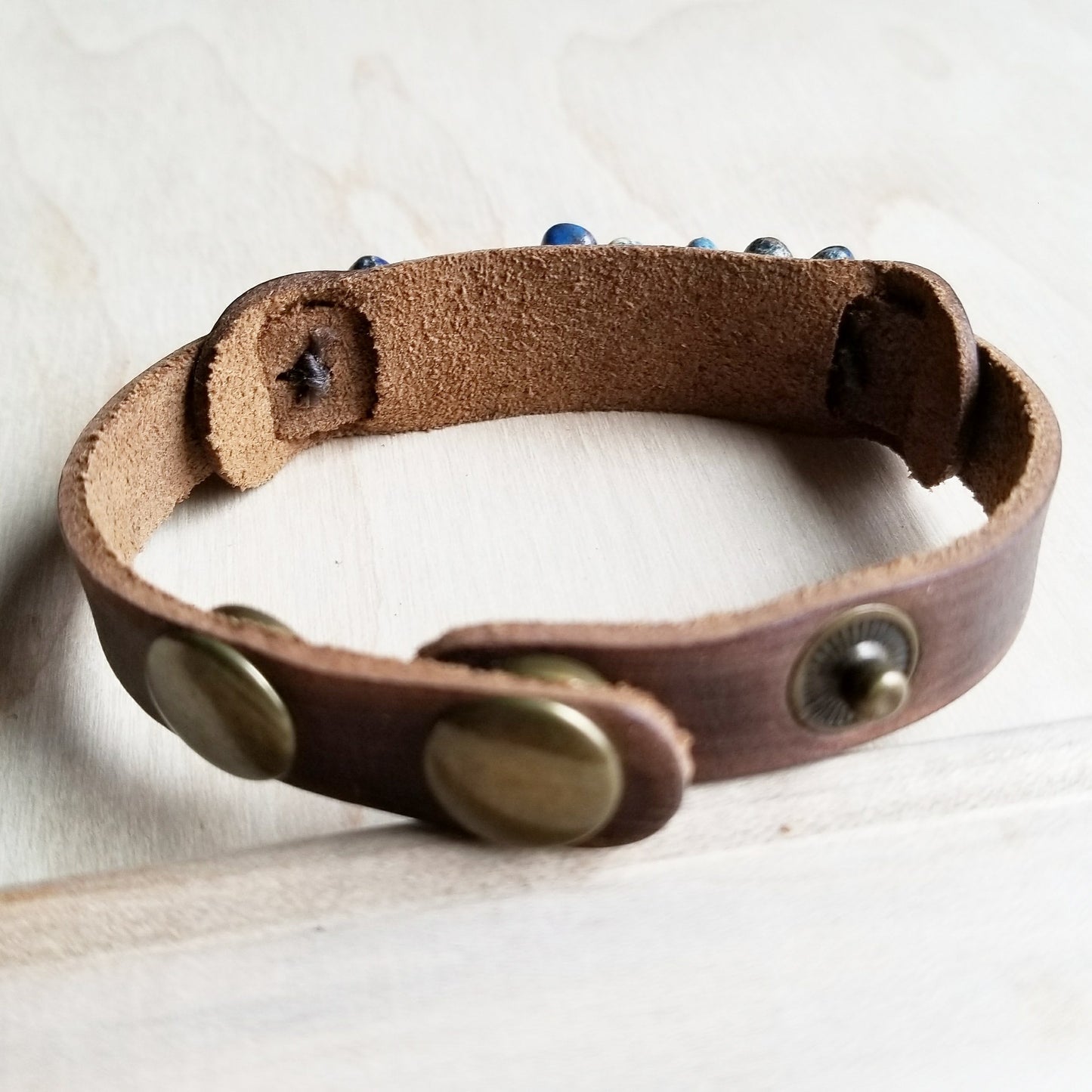 **Genuine Leather Narrow Cuff with Turquoise Regalite Stones 006v