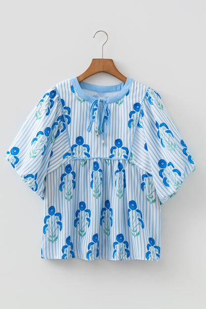 Sky Blue Floral Print Tie Neck Puff Sleeve Blouse