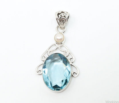 Vintage Art Deco Large Blue Topaz Pearl Sterling Silver Pendant