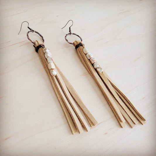 Leather Fringe Earrings with Regalite Sandstone Beads 100j
