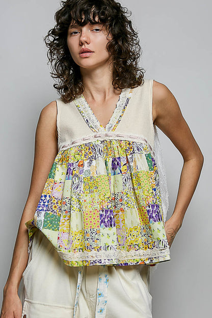 POL Floral V-Neck Sheer Tank with Lace Trim