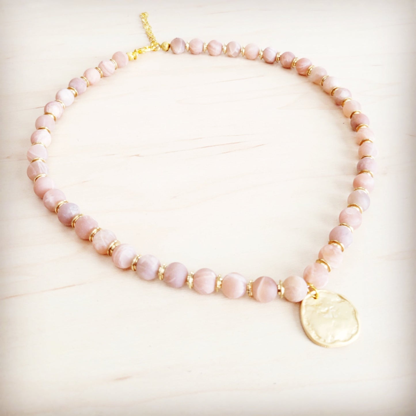 Frosted Sunstone Beaded Collar Necklace w/ Matte Gold Pendant 262n