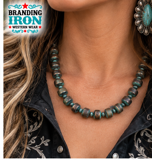 Turquoise Patina Western Beaded Necklace | Branding Iron