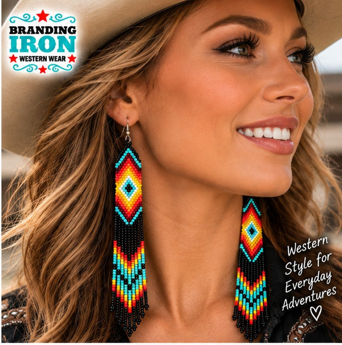 Desert Sunset Beaded Fringe Earrings | Branding Iron Western