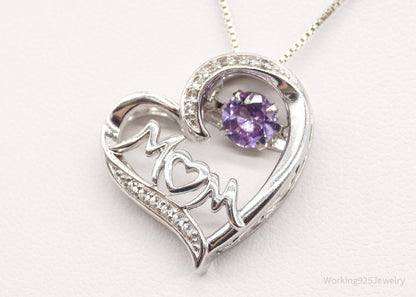 Vintage Designer SAI Amethyst Diamond Heart "Mom" Sterling Silver Necklace