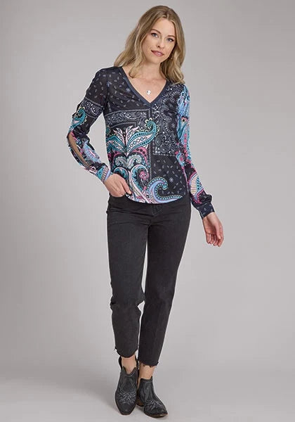 Roper 2339 Printed Knit (Black) - Women's Western Blouse