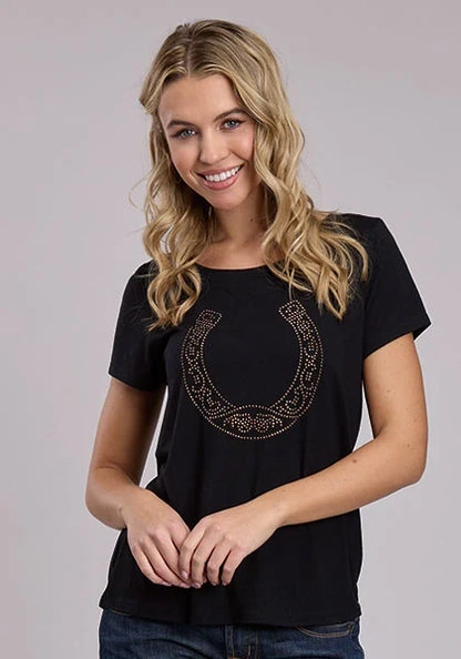 Roper 3131 Rhinestone Horseshoe (Black) - Women's T-Shirt