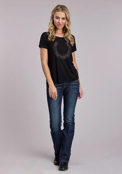 Roper 3131 Rhinestone Horseshoe (Black) - Women's T-Shirt