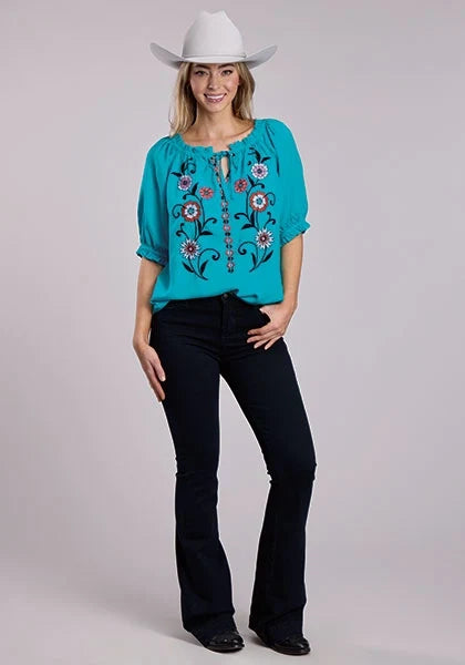 Roper 2849 Gathered Flowers (Turquoise) - Women's Western Blouse