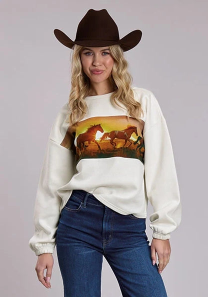Roper 3135 Printed Horses (Cream) - Women's Fleece Sweatshirt