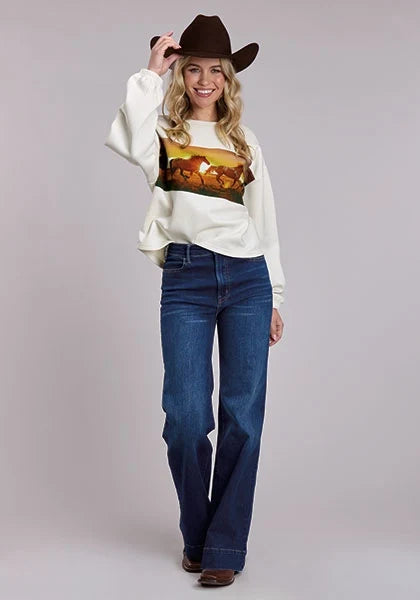 Roper 3135 Printed Horses (Cream) - Women's Fleece Sweatshirt