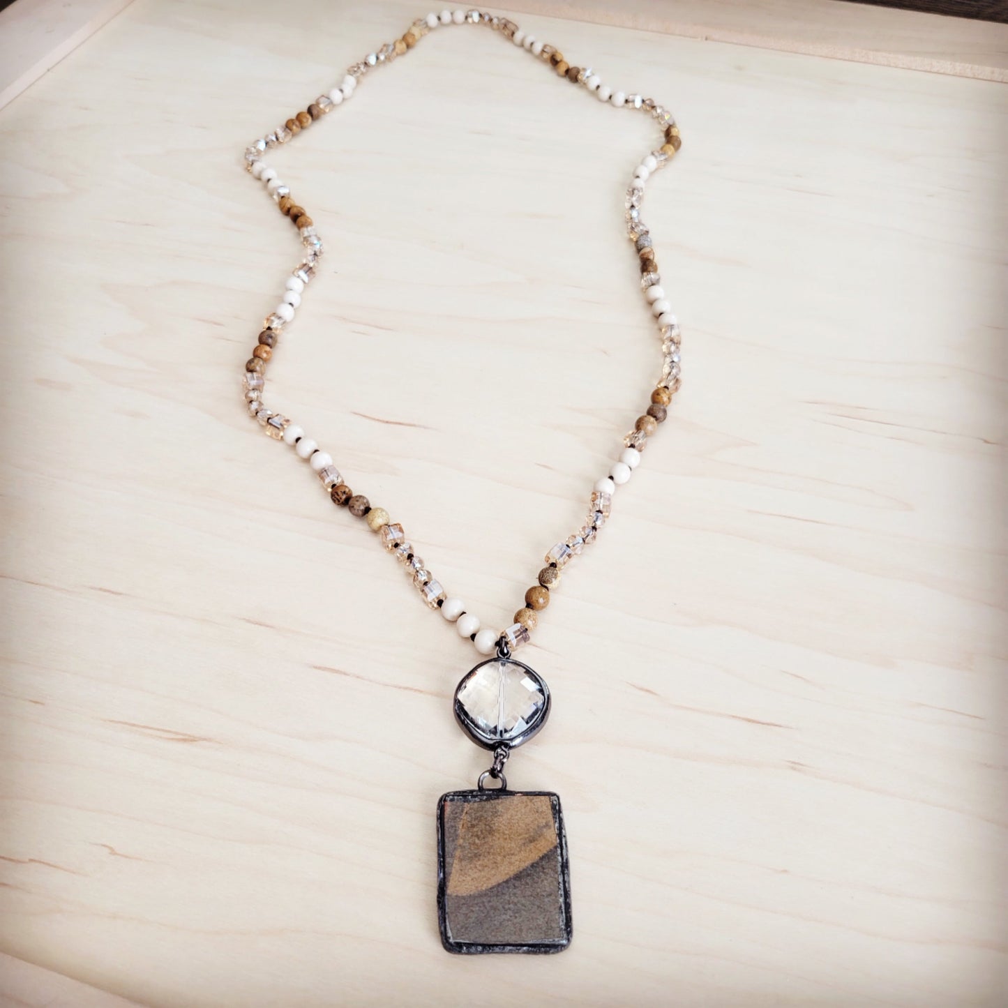 Picture Jasper & Crystal Long Beaded Necklace w/ Jasper Pendant 262t