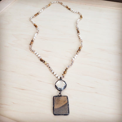 Picture Jasper & Crystal Long Beaded Necklace w/ Jasper Pendant 262t