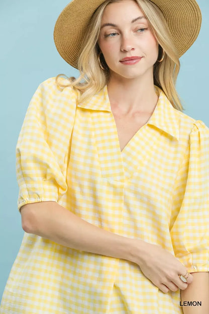 Umgee Gingham Puff Sleeve Collared Blouse in Lemon