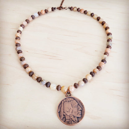 Natural Agate Beaded Collar Necklace w/ Indian Head Pendant 262m